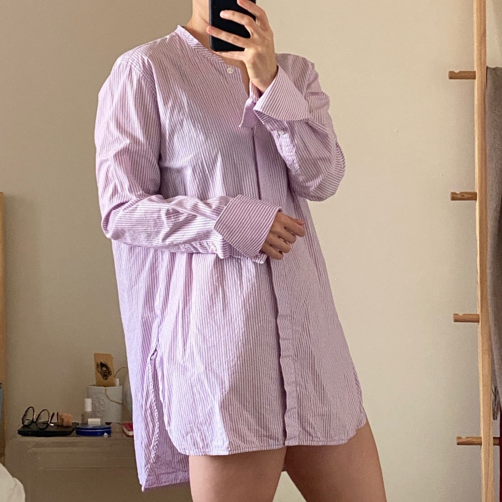Scanlan Theodore | Striped Lilac Collarless Long Sleeve Cuffed Shirt